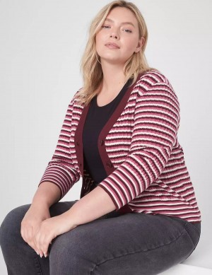 Dámské Kardigan Lane Bryant Classic 3/4-Sleeve V-Neck Button-Front - Stripe Červené | TYO7378ML