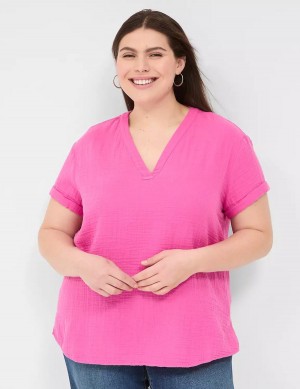 Dámské Košile Lane Bryant Relaxed Gauze V-Neck Popover Fuchsie | KQF6994LW