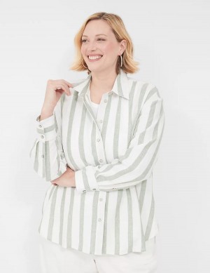 Dámské Košile Lane Bryant Relaxed Linen Button-Down Olivy Zelené Proužek | DYF8668OV