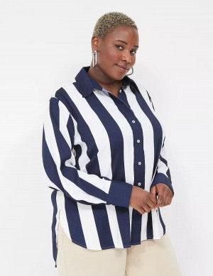 Dámské Košile Lane Bryant Satin Easy Collared Stripe Button-Down Tmavě Blankyt Bílé Proužek | CVM6371SF