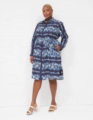 Dámské Košilové Šaty Lane Bryant Long-Sleeveed Midi Tmavě Blankyt | GFP8080IH