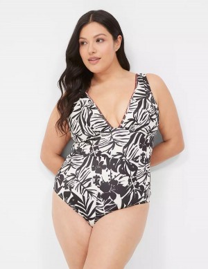 Dámské Plavky Lane Bryant No-Wire Plunge One-Piece Bílé Černé | IFQ8386FT