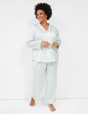 Dámské Pyžama Lane Bryant Stretch Satin Shirt & Pant PJ Set Zelene Proužek | RWC2680NP