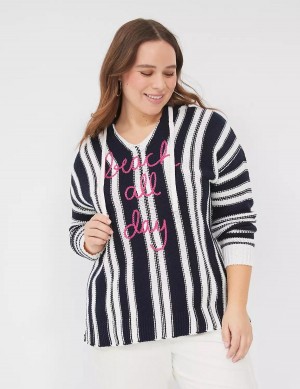 Dámské Svetry Lane Bryant Embroidered Hooded Pullover Černé Bílé Proužek | ISU5998SC