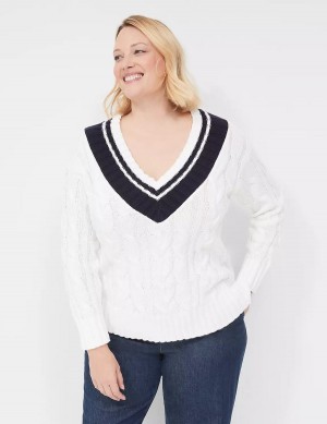 Dámské Svetry Lane Bryant V-Neck Cable Pullover Bílé | ONE10046HE