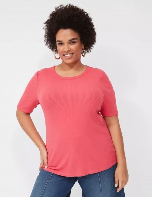 Dámské Tričko Lane Bryant Elbow-Sleeve High Crew-Neck Rib Top Růžové | DFK6615KH