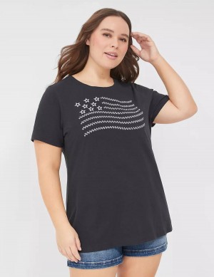 Dámské Tričko Lane Bryant Embroidered Flag Graphic Tee Černé | AFY3976XG