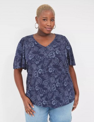 Dámské Tričko Lane Bryant Flutter-Sleeve V-Neck Top Tmavě Blankyt | GDU1911EA