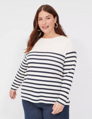 Dámské Tričko Lane Bryant Long-Sleeve Boatneck Top Tmavě Blankyt Proužek | NIF1210HA