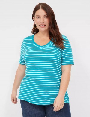 Dámské Tričko Lane Bryant Perfect Sleeve V-Neck Tee Tyrkysové Proužek | PHX3085LH