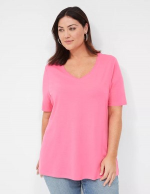 Dámské Tričko Lane Bryant Perfect Sleeve V-Neck Tee Fuchsie | RKD711KW