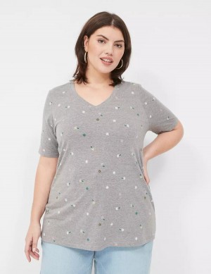 Dámské Tričko Lane Bryant Perfect Sleeve V-Neck Tee Šedé | YGR2120AH