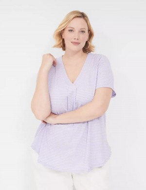 Dámské Tričko Lane Bryant Short-Sleeve V-Neck Top Fialové Proužek | EQG6394BJ