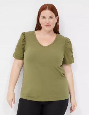 Dámské Tričko Lane Bryant Woven Puff-Sleeve V-Neck Knit Tee Zelene | RYM5344EC