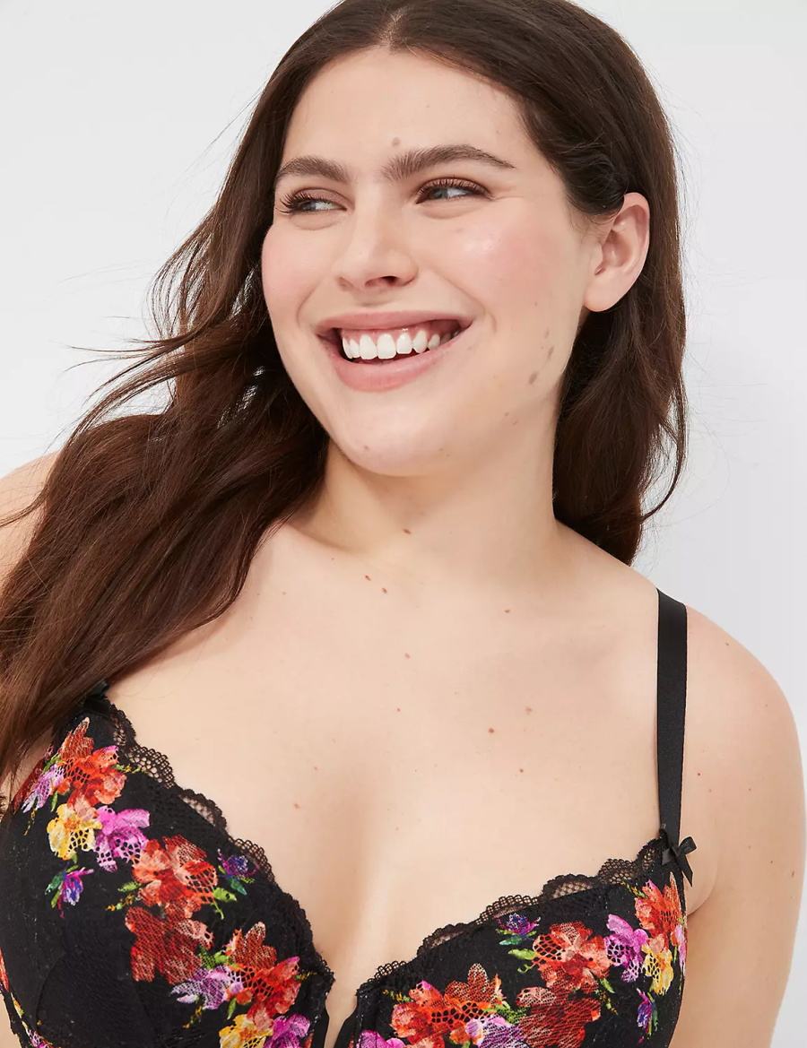 Dámské Bralettes Lane Bryant Digital Print Lace Lightly Lined V-Wire Černé | NFM5968TP