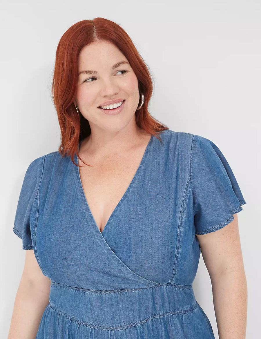 Dámské Casual Šaty Lane Bryant Lena Denim Surplice-Neck Level-Hem Blankyt | CYJ1141GZ