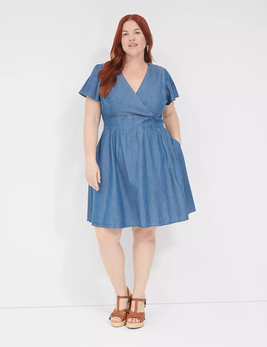 Dámské Casual Šaty Lane Bryant Lena Denim Surplice-Neck Level-Hem Blankyt | CYJ1141GZ