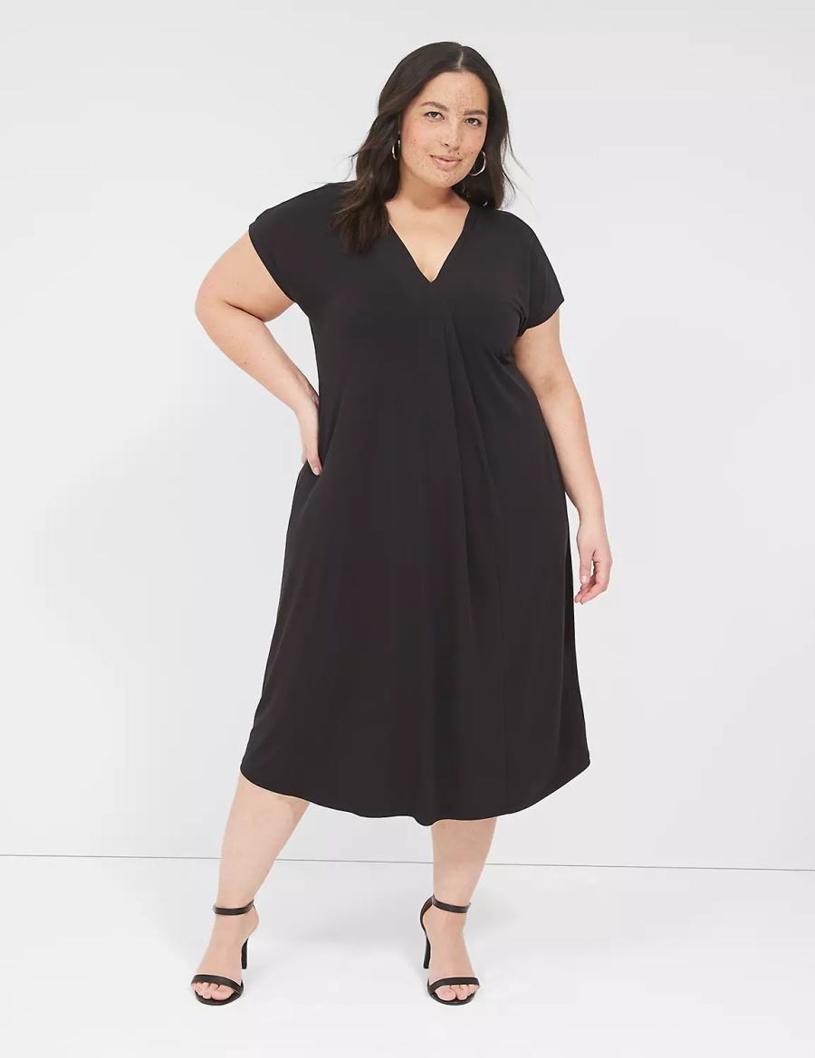 Dámské Casual Šaty Lane Bryant V-Neck Pleat-Front Jersey Černé | SDR4315YT