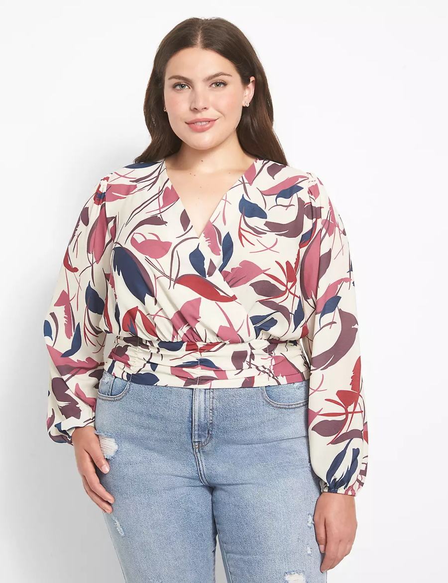 Dámské Halenka Lane Bryant Classic Long-Sleeve Surplice-Neck Shirred-Waist Crop Bílé Viacfarebný | MES3817DQ