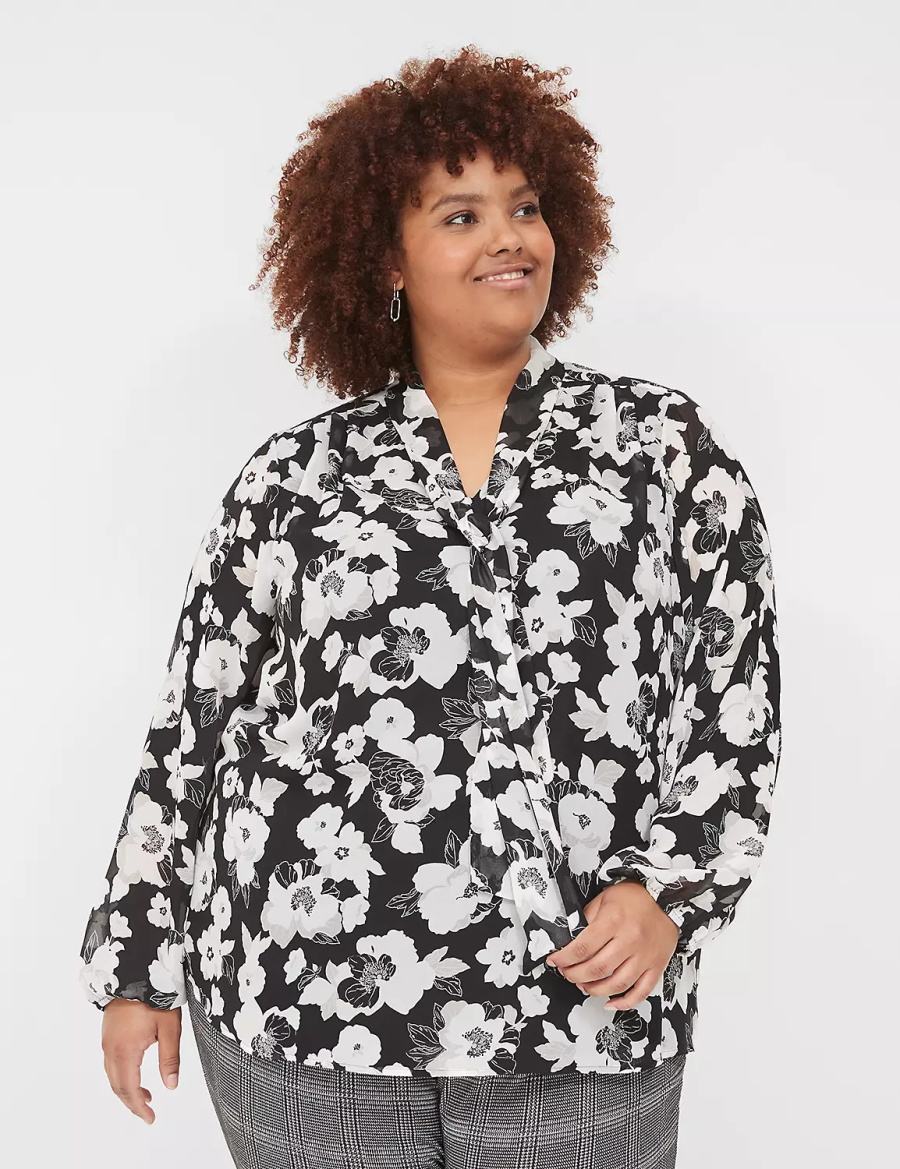 Dámské Halenka Lane Bryant Long-Sleeve Tie-Neck Popover Černé Bílé | RLO7695ST