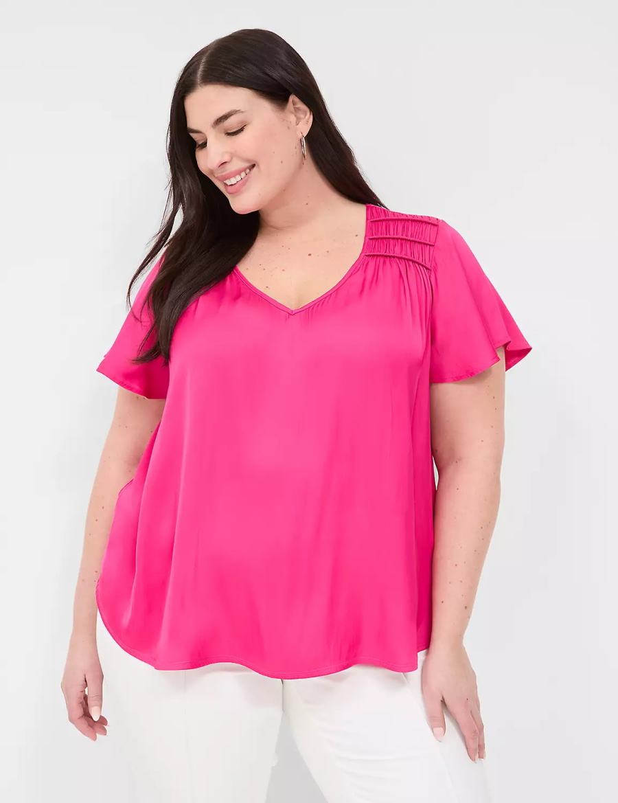 Dámské Halenka Lane Bryant Satin Smocked-Shoulder Růžové | YQK2465KV