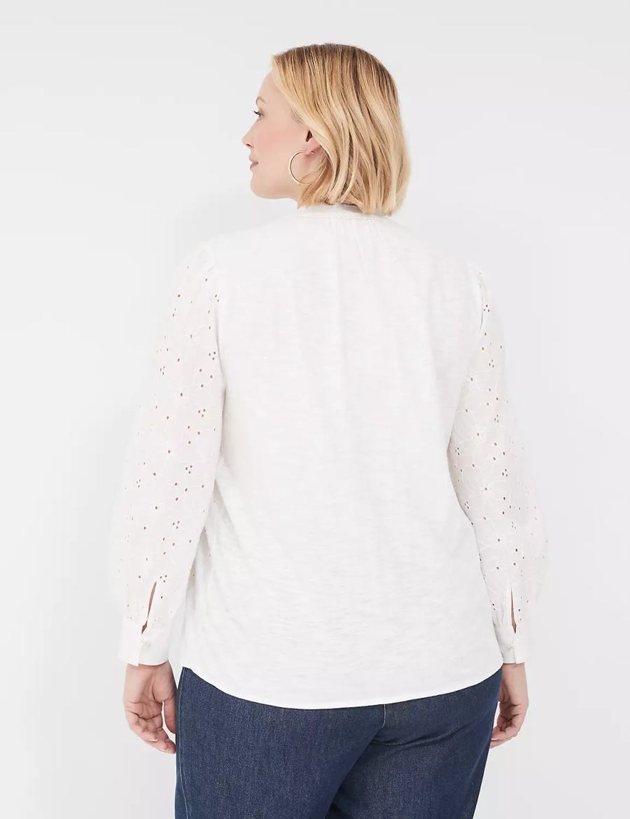 Dámské Halenka Lane Bryant Split-Neck Eyelet & Knit Bílé | BBY9895RT