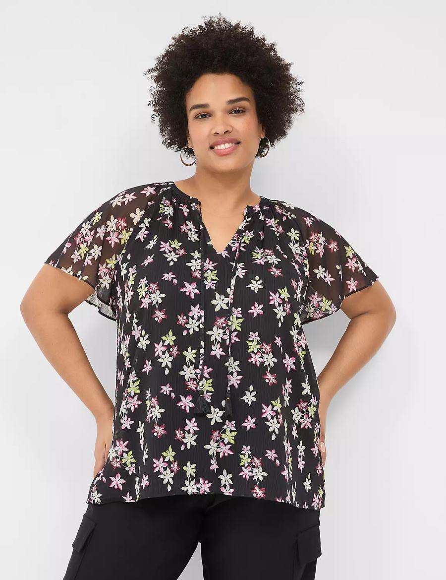 Dámské Halenka Lane Bryant Swing Flutter-Sleeve Popover Černé Viacfarebný | SPC7015WI