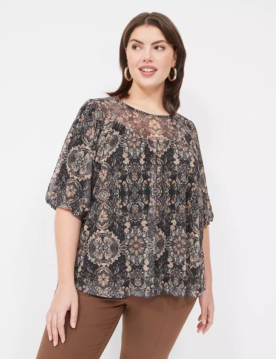 Dámské Halenka Lane Bryant Swing Perfect Puff-Sleeve Mesh Top Černé | FLZ1847BZ