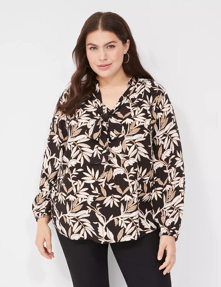 Dámské Halenka Lane Bryant Tie-Neck Popover Krém Hnědé Černé | NVO2568EF