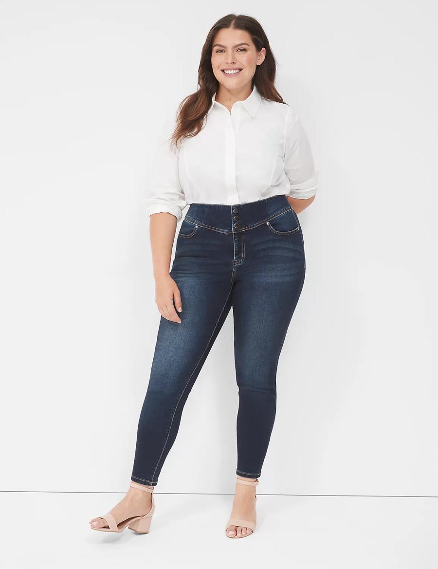 Dámské Jegginy Lane Bryant High-Rise Sateen 3-Button Tmavě Blankyt | ZGN9382HW