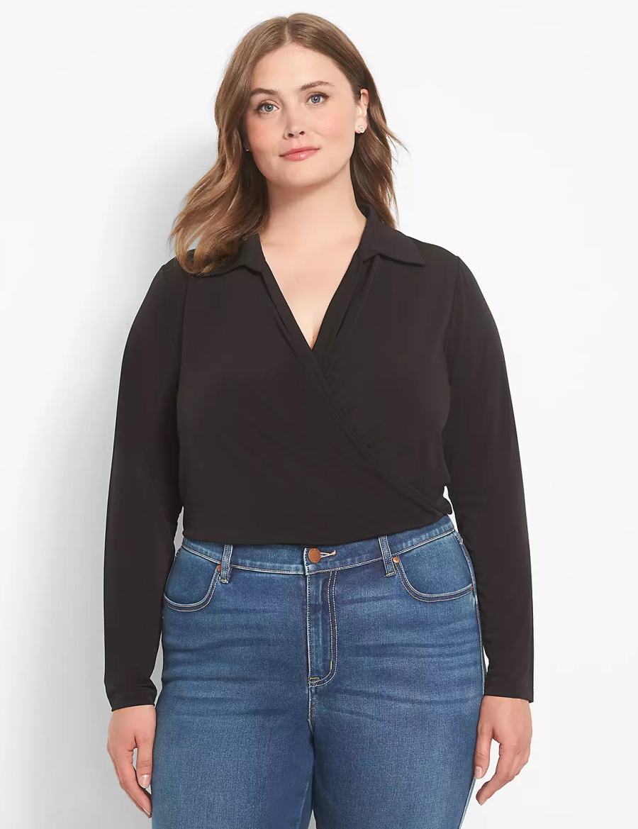 Dámské Košile Lane Bryant Fitted Long-Sleeve Surplice Collar Crop Černé | HGT1717OD