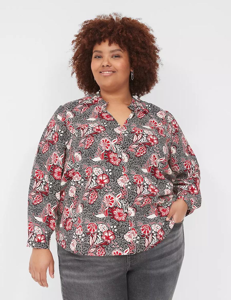 Dámské Košile Lane Bryant Gathered Ruffle V-Neck Popover Červené Černé | CVU3958DL