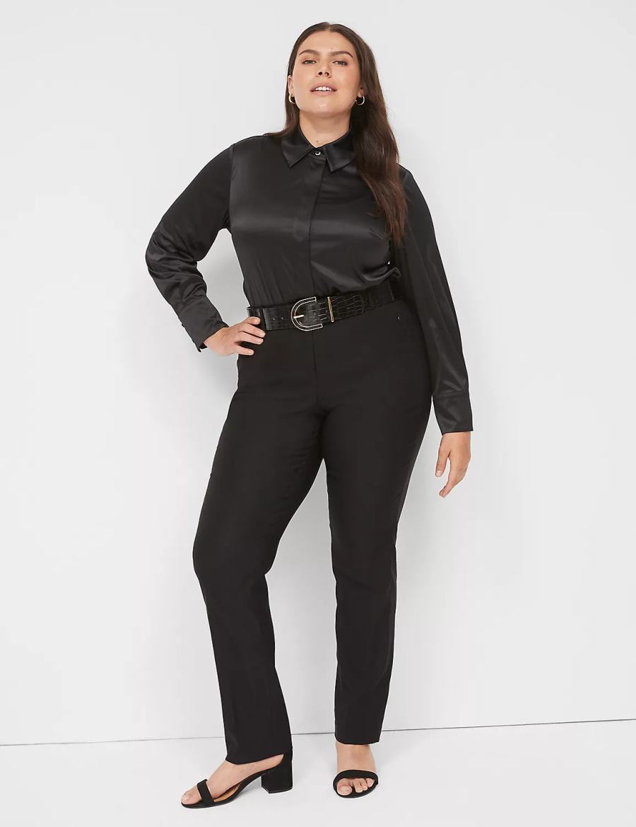 Dámské Košile Lane Bryant Long-Sleeve Button-Down Satin Černé | FHE1292KQ