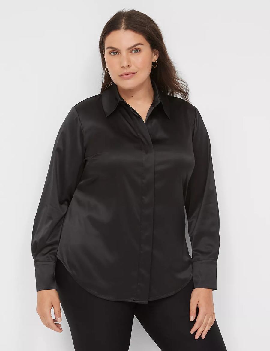 Dámské Košile Lane Bryant Long-Sleeve Button-Down Satin Černé | FHE1292KQ