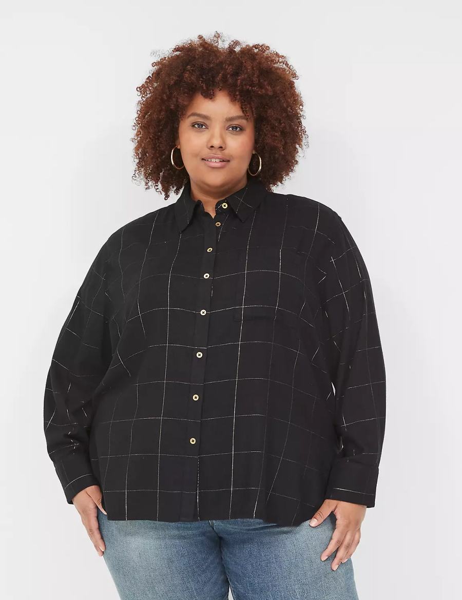 Dámské Košile Lane Bryant Lurex Button-Down Plaid Flannel Černé | MNZ1557NW