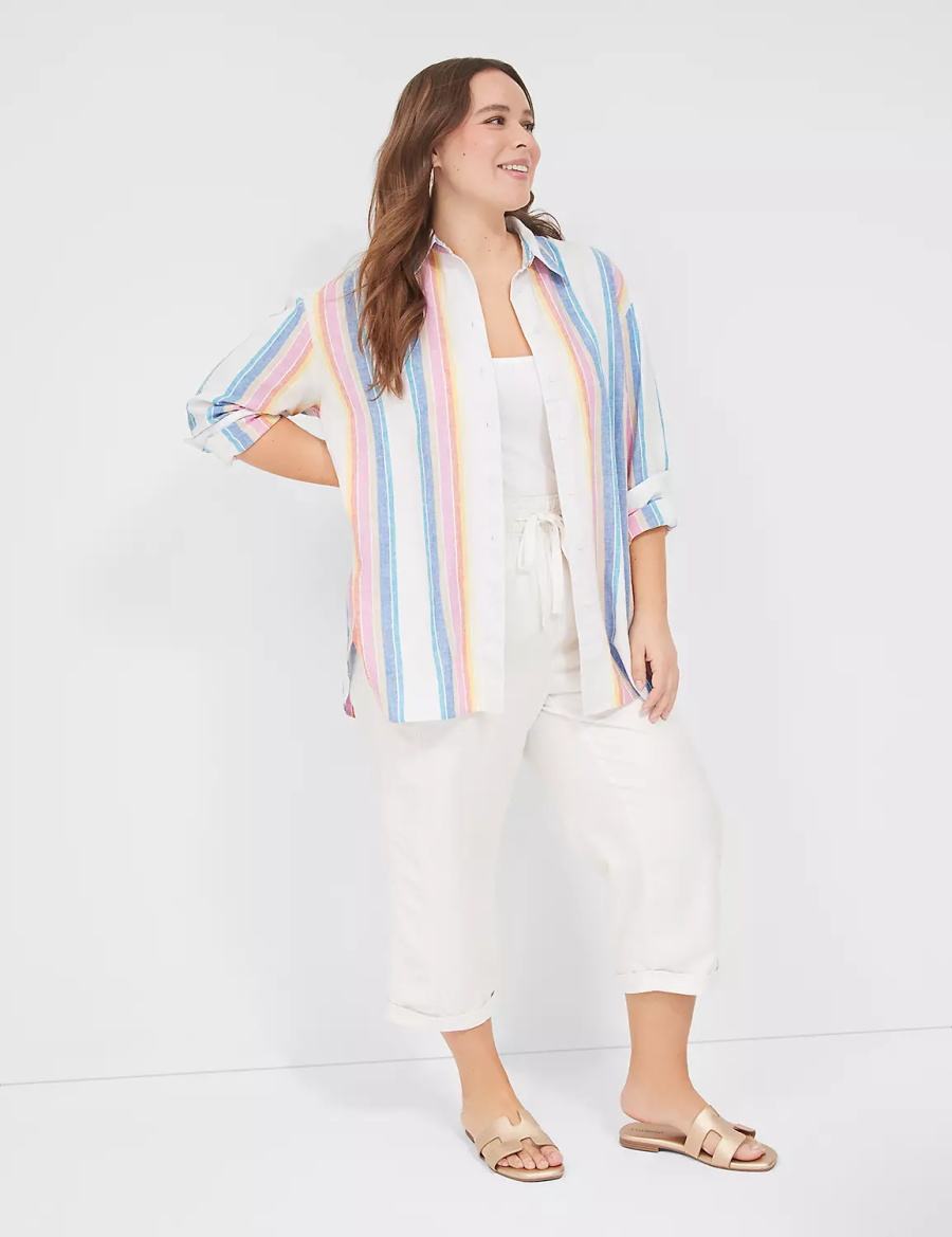 Dámské Košile Lane Bryant Relaxed Linen Button-Down Bílé Viacfarebný Proužek | ZKJ9968FL