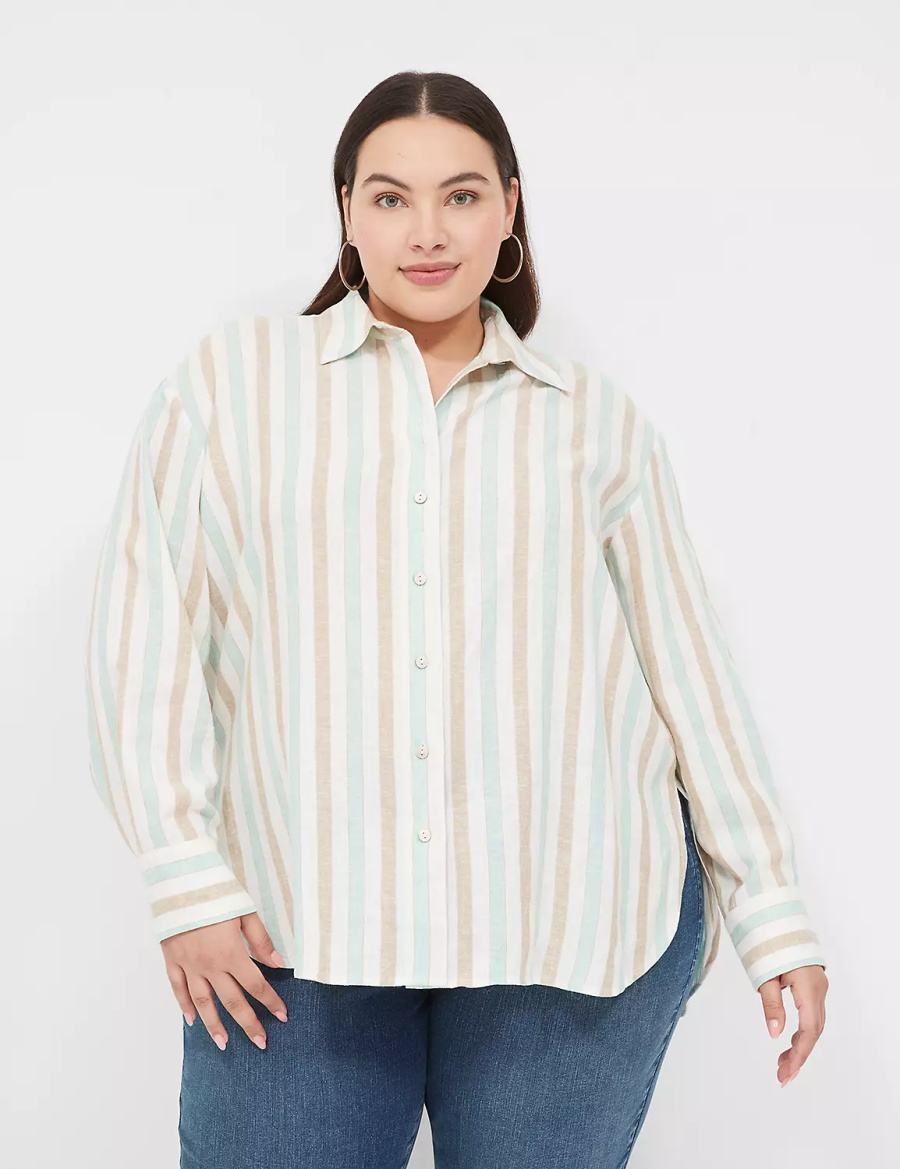 Dámské Košile Lane Bryant Relaxed Linen Button-Down Bílé Viacfarebný Proužek | BOG6193II