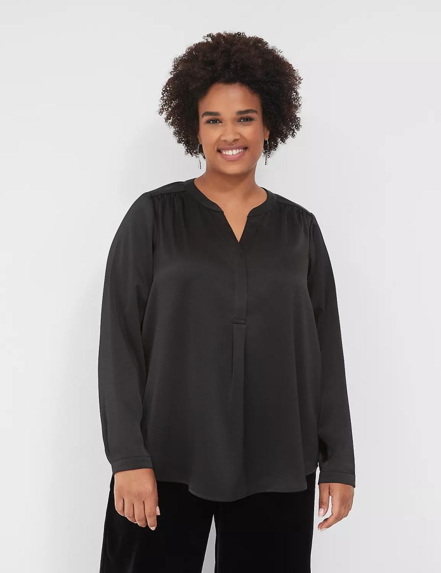 Dámské Košile Lane Bryant Satin Banded-Neck Ruched-Shoulder Černé | VPY203EJ