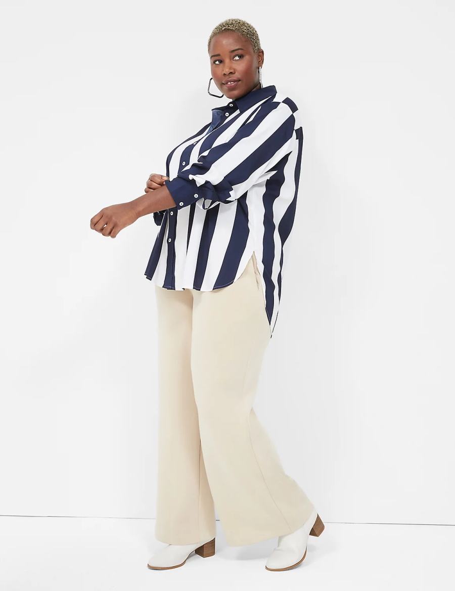 Dámské Košile Lane Bryant Satin Easy Collared Stripe Button-Down Tmavě Blankyt Bílé Proužek | CVM6371SF