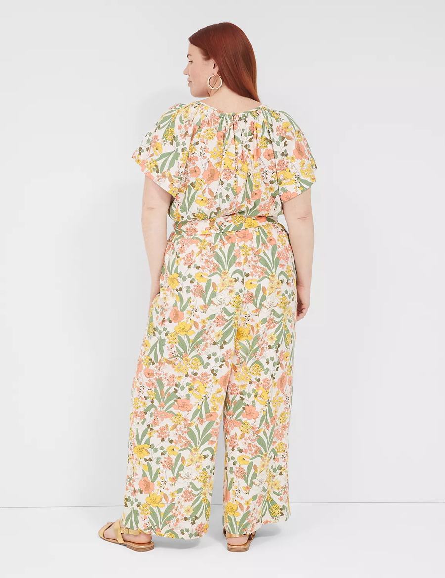 Dámské Kombinéza Lane Bryant Flutter-Sleeve Smocked-Neck Wide Leg Žluté Viacfarebný | VIR7981WT