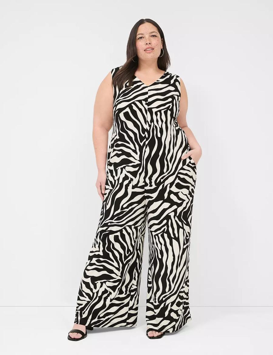 Dámské Kombinéza Lane Bryant V-Neck Wide Leg Jersey Bílé Černé | PYS796CX