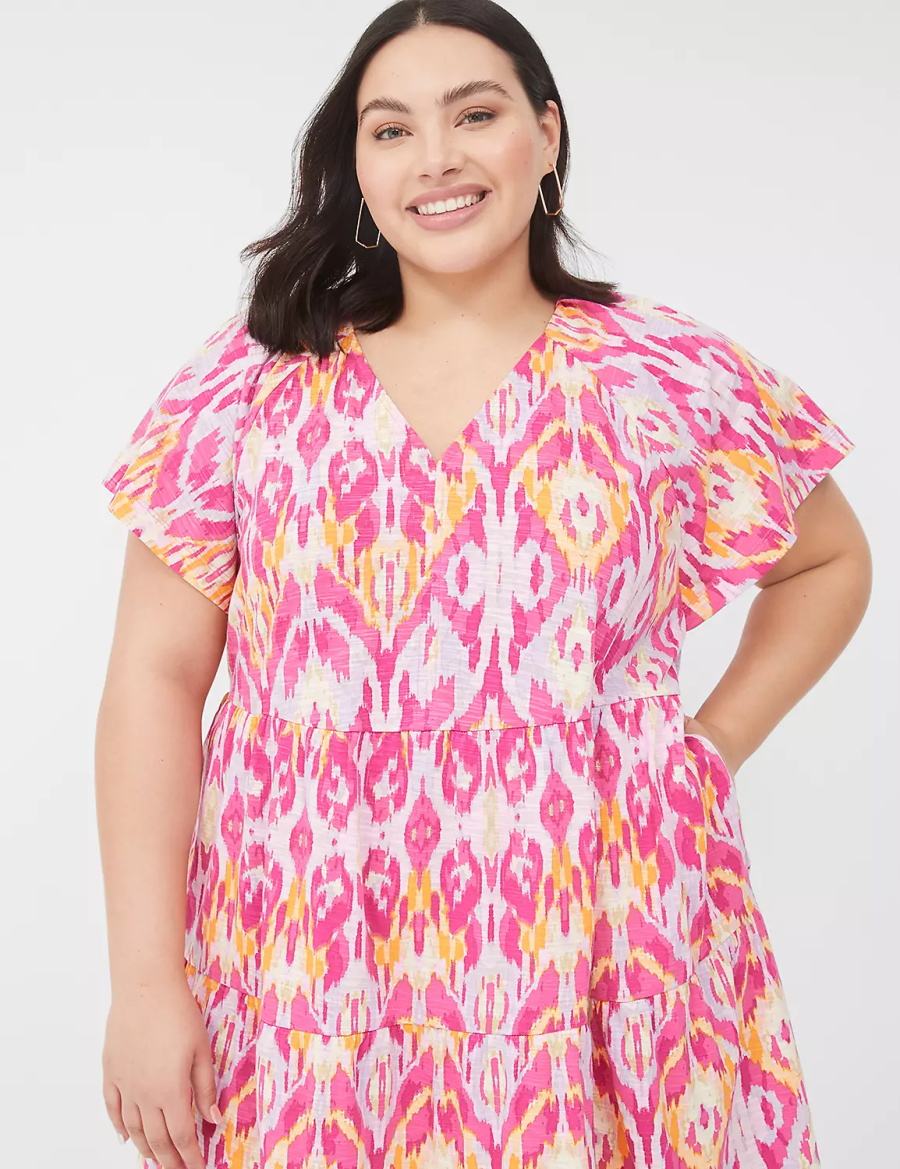 Dámské Krátké Šaty Lane Bryant V-Neck Tiered Easy Růžové | IQX4846NR