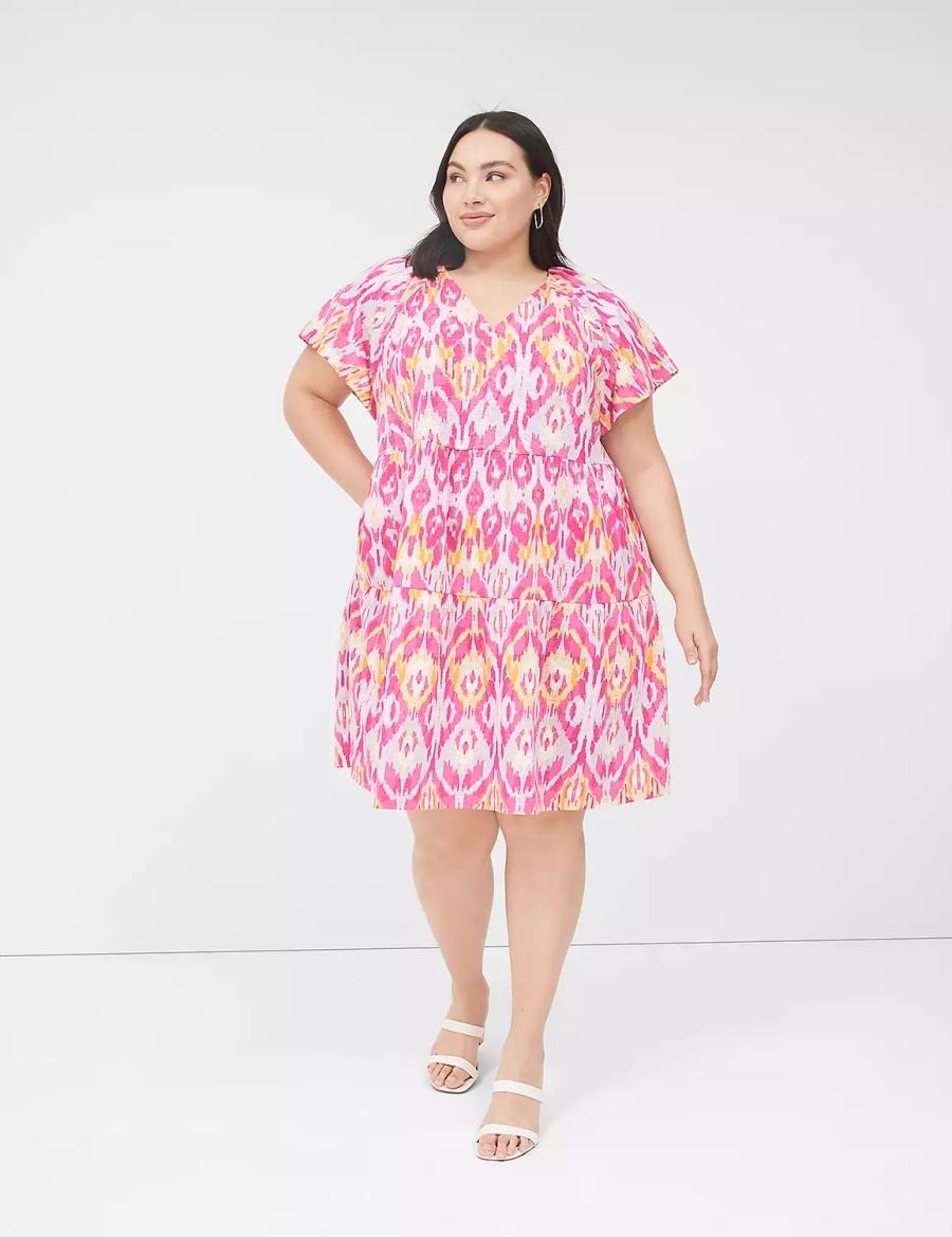 Dámské Krátké Šaty Lane Bryant V-Neck Tiered Easy Růžové | IQX4846NR