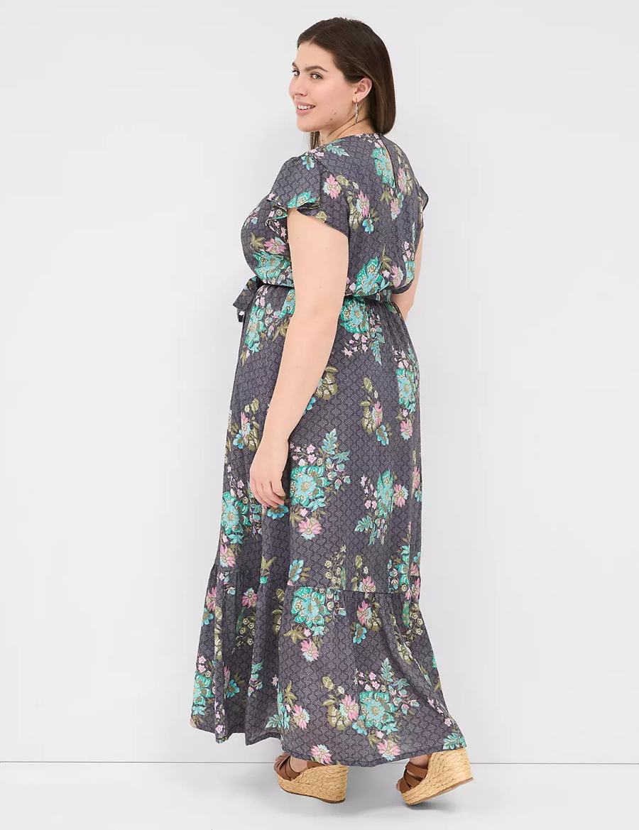 Dámské Maxi Šaty Lane Bryant Flutter-Sleeve Surplice-Neck Černé Zelene | VQW8019IX