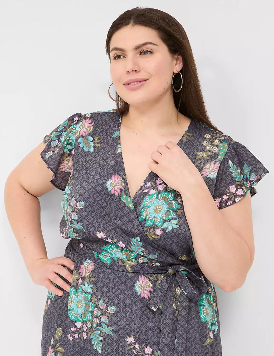 Dámské Maxi Šaty Lane Bryant Flutter-Sleeve Surplice-Neck Černé Zelene | VQW8019IX