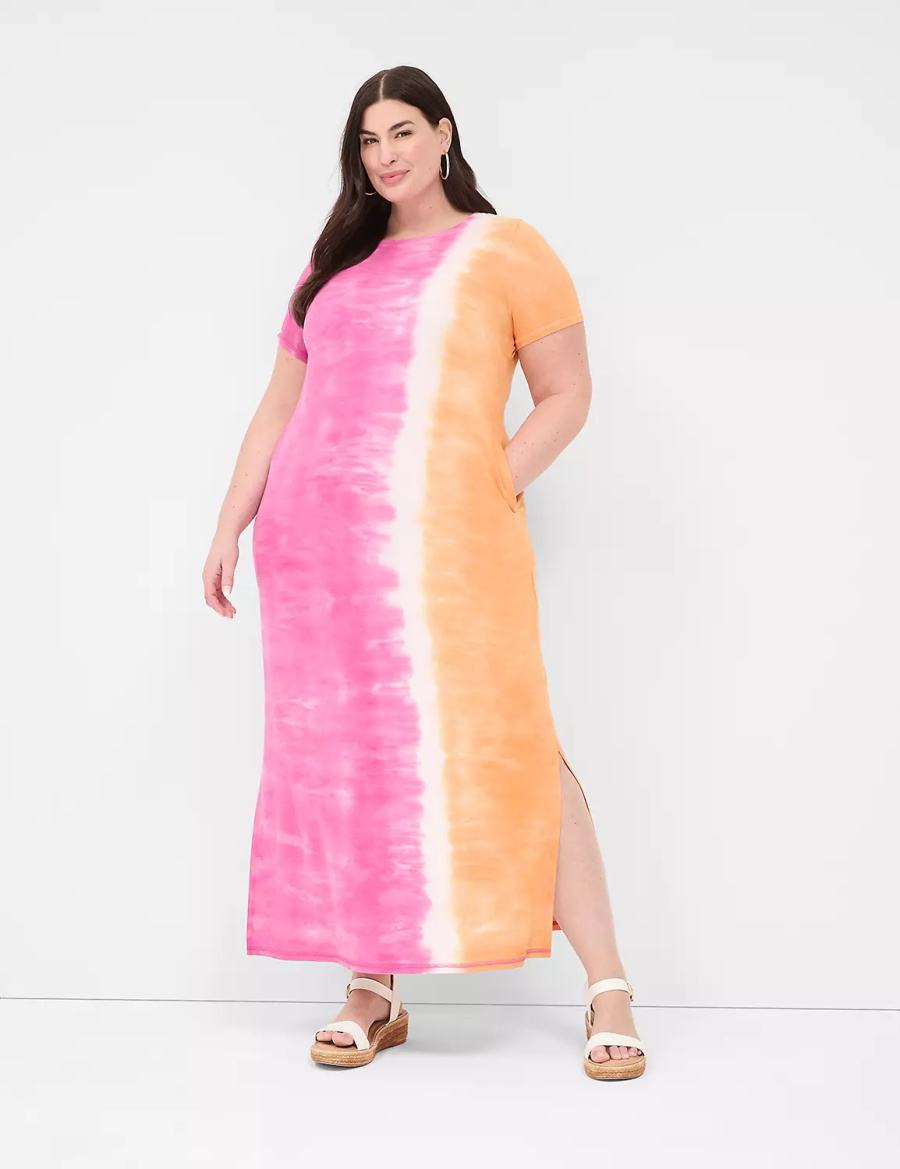 Dámské Maxi Šaty Lane Bryant Short-Sleeve Side-Slit Tie Dye Růžové Oranžové | YQA1474MG