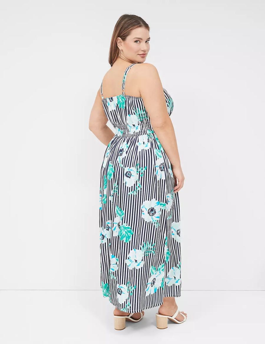 Dámské Maxi Šaty Lane Bryant V-Neck Ruched-Waist Tmavě Blankyt Proužek | VHY2747AK