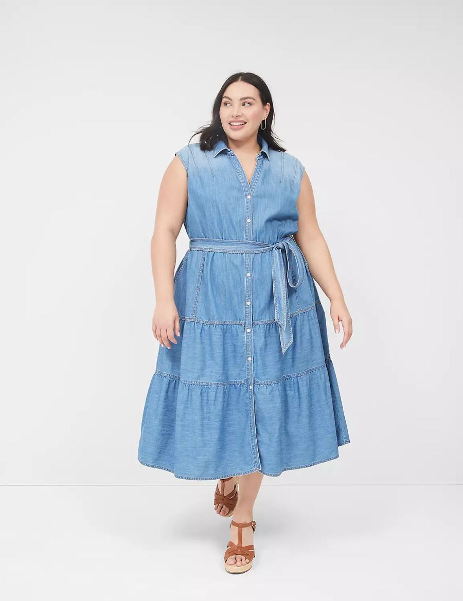 Dámské Midi Šaty Lane Bryant Denim Tiered Blankyt | MWF10020FY