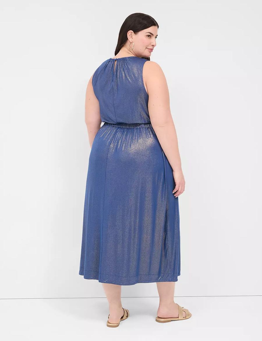 Dámské Midi Šaty Lane Bryant Foil Shimmer Tie-Waist Tmavě Blankyt | QMU7594QZ