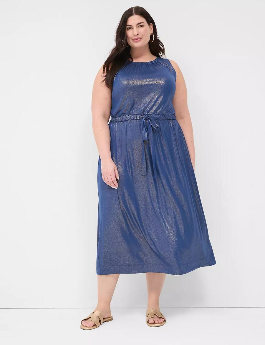 Dámské Midi Šaty Lane Bryant Foil Shimmer Tie-Waist Tmavě Blankyt | QMU7594QZ